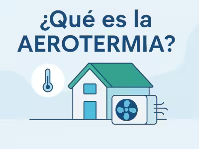 Una ilustración de una vivienda con la unidad exterior de aerotermia.